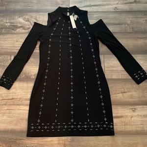 WHBM long sleeve cold shoulder embellished shift dress.